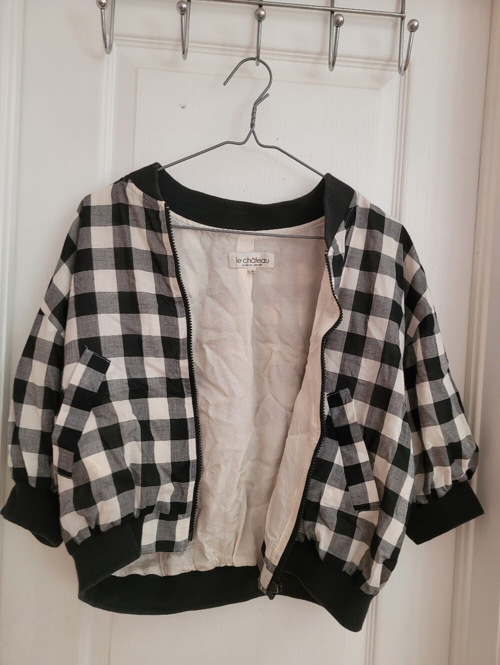 le chateau Black and White Gingham Bomber Jacket with Ribbed Trim